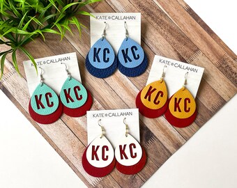 Genuine Leather KC Earrings, KC Leather Earrings, Kansas City Football, Baseball, Soccer Earrings, Custom KC Team Color Earrings, Mahomie 15