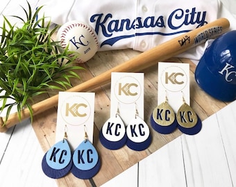 Handmade Genuine Leather KC Earrings, KC Hearts Teardrops, Kansas City Earrings, KC Baseball Colors, You Choose design & colors
