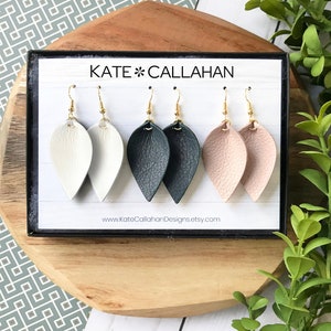 Customizable Leather Earring Gift Set, SMALL Pinched Leaf Genuine Leather Earrings, Personalized Leather Earring Set - CHOOSE Any 3 Colors!