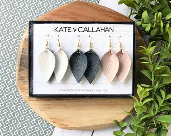 Customizable Leather Earring Gift Set, SMALL Pinched Leaf Genuine Leather Earrings, Personalized Leather Earring Set - CHOOSE Any 3 Colors!