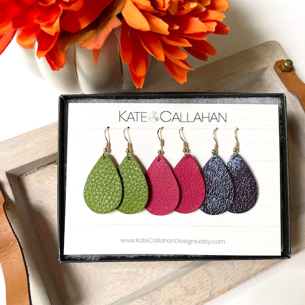 Genuine Leather Earring Gift Sets, Mini Demi or Medium Teardrop Leather Earrings, Personalized Earring Set, YOU CHOOSE Size and Any 3 Colors