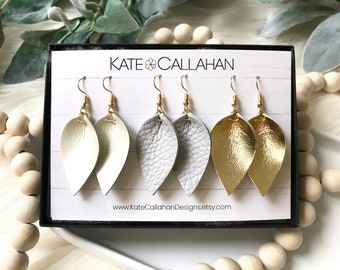 Leather Earring Gift Set, SMALL Pinched Leaf Genuine Leather Earrings, Personalized Leather Earring Gift Set - YOU CHOOSE Any Three Colors!