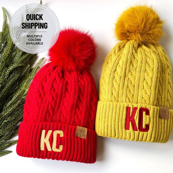 Embroidered KC Beanie Hat, Knit KC Hat, Kansas City Beanie, Chiefs Hat, Royals Hat, Current Hat, Unique KC Chiefs Pom Beanie, Kelce Hat