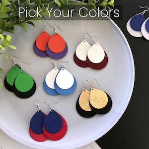 CUSTOM COLOR Double Layer Leather Earrings - You choose your two colors - Custom Team Color Leather Earrings- Personalized Just for You!