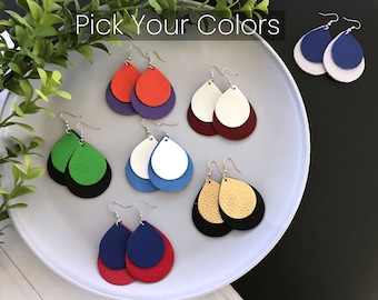 CUSTOM COLOR Double Layer Leather Earrings - You choose your two colors - Custom Team Color Leather Earrings- Personalized Just for You!