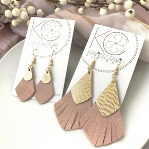 NEW DESIGN! Ginkgo Fringe Suede and Leather Earrings, You CHOOSE the Suede and Saffiano Leather Color Combination, Available in Two Sizes