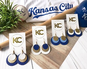 Handmade Leather KC Baseball Earrings: Inlay Heart or Petite Drop