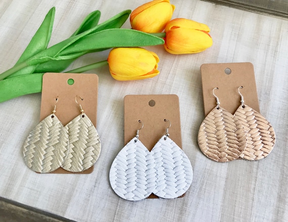 Genuine Braided Leather Earrings, Herringbone Leather Earrings, Fishtail Embossed Leather Earrings - Available in Your Choice of 18+ Colors