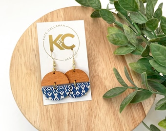Luna Disks in Indigo Ikat Cork, Blue Cork, Blue & White Earrings, Leather and Cork Hoops Bars Arches Half Circle Disks, Aesthetic Earrings