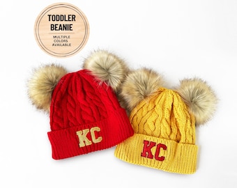 Toddler Teddy Bear Double Pom KC Beanie Hat, Embroidered Knit KC Hat, Youth Kansas City Beanie, Kids KC Hat, Chiefs Pom Beanie, Kelce Hat