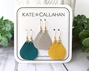 Mini Drop Genuine Leather Earring Set, Tiny Leather Earrings, Small Leather Earrings, Leather Earring Gift Set, You Pick 3 from 60+ COLORS!
