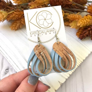 NEW DESIGN! Twist and Shout Earrings in Leather Backed Cork and Double Sided Leather, Available in Multiple Colors, Holiday Gifts for Her