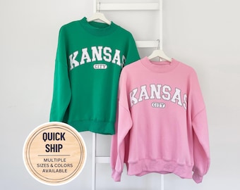 Kansas City Varsity Mockneck Sweatshirt, Embroidered KC Mock Neck Spring Edit, Premium Kansas City Mockneck in Blossom Pink and Jade Green