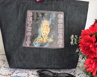 Tote Bag - Denim bag with Rock n Roll touch . Retro tote bag with pink gingham interior and cool album covers. Large tote bag