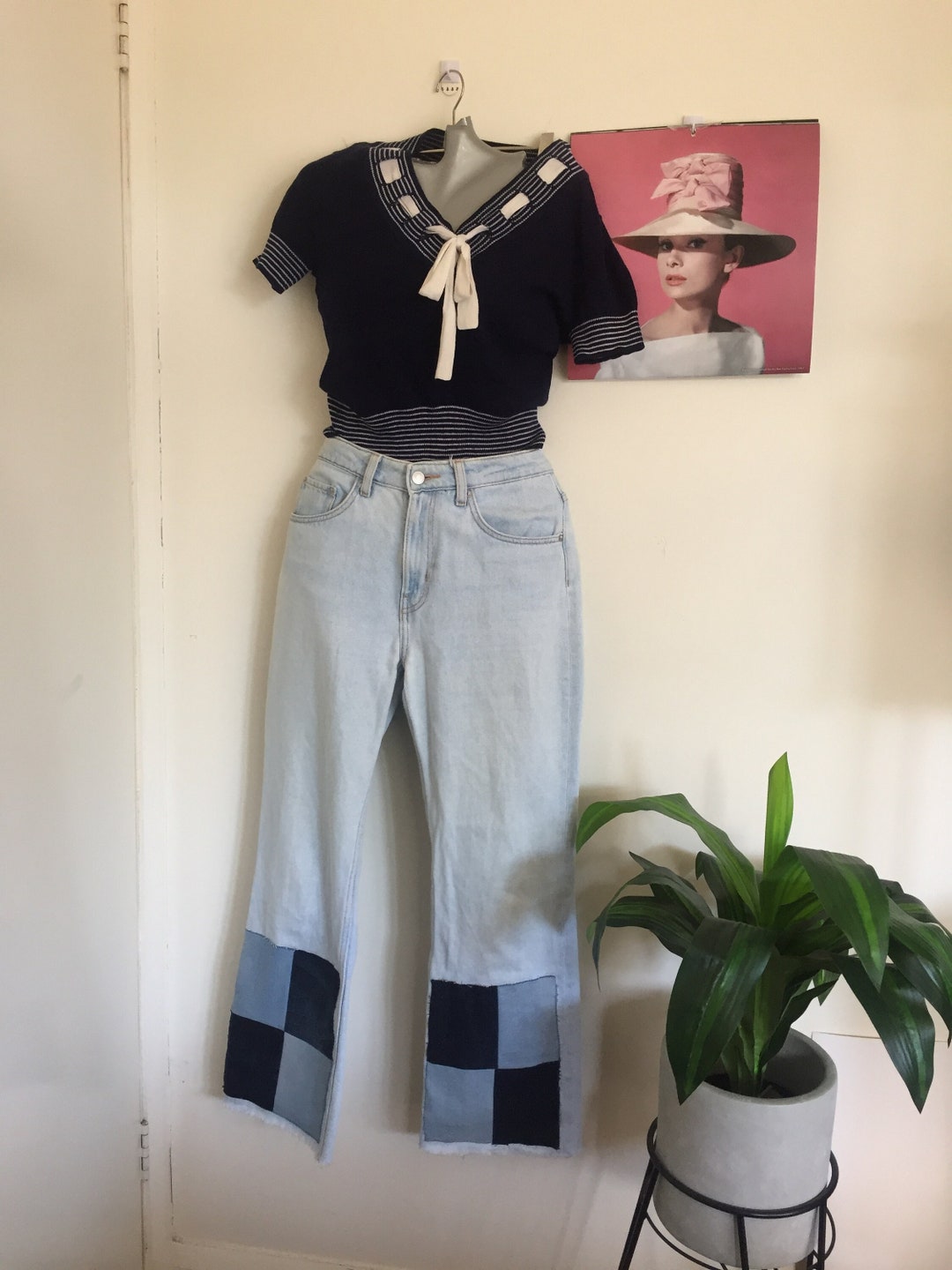 Upcycled Wide Leg Faded Recycled Denim Jeans With Patches Feature Added ...