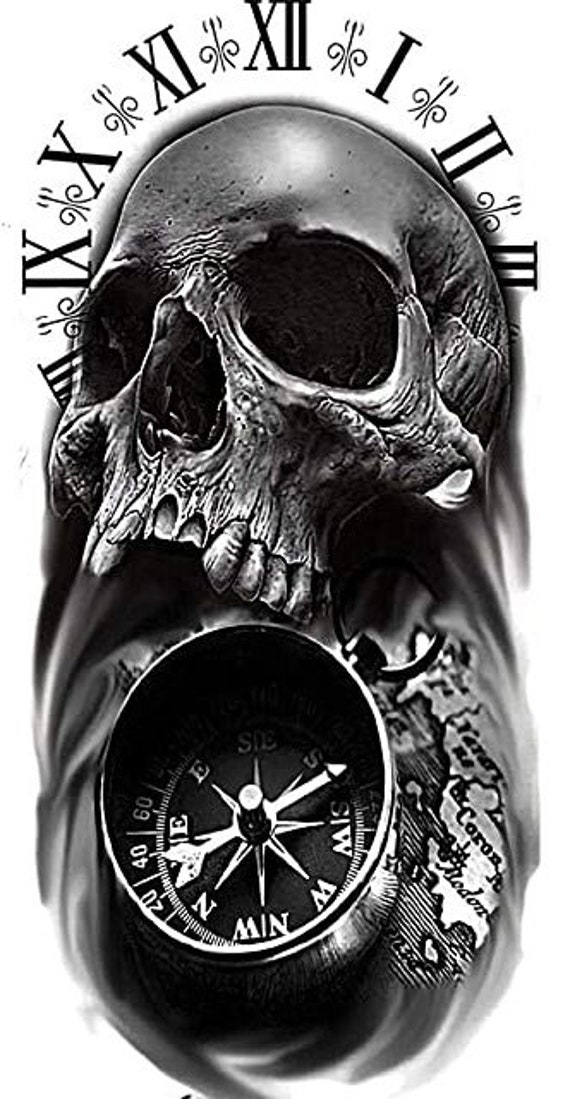 Skull clock shoulder temporary tattoo 5x3 inch | Etsy