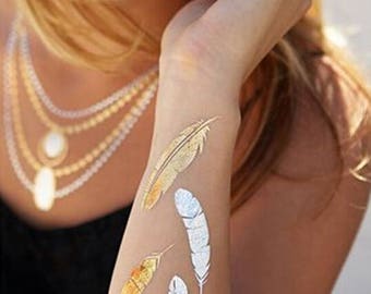 Metallic Gold Henna Tattoo Design Feathers