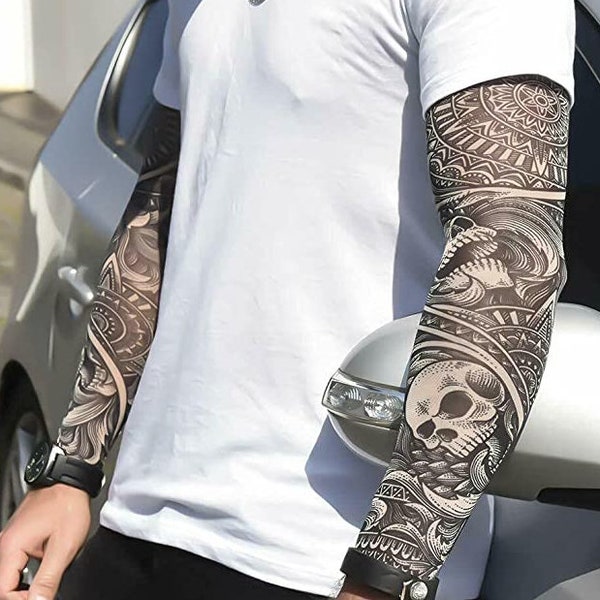 2 x Tattoo arm sleeves fake nylon elastic stocking full arm skulls stretch biker gothic skulls roses punk heavy metal rocker dress cosplay