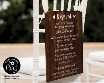 Rustic Barn Board Wedding Reserved in Memory, In Heaven Empty Seat Sign, In Loving Memory, Save a Seat, Printable Editable Template Corjl