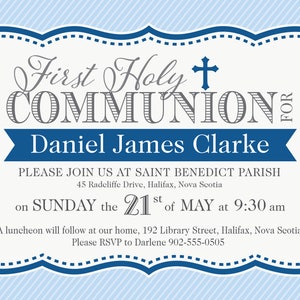 PRINTABLE Personalized Pinstripe First Communion Invitation, Modern First Holy Communion Invite, Boy, Girl, Pink, Blue, Cross, Digital File image 2