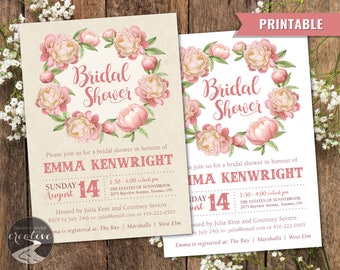 PRINTABLE Personalized Kraft Paper Floral Bridal Shower Invitation, Wedding Shower, Pink Pastel, Floral Wreath, Peony, Wreath, Digital File