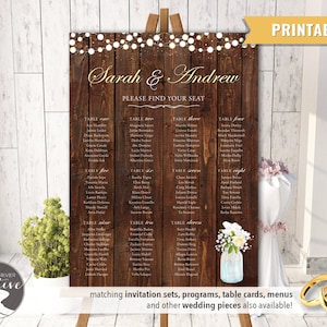 PRINTABLE Personalized Barnboard Mason Jar Rustic Wedding SEATING CHART Seating Plan Poster Sign Wood Lights Mason Jar Flowers, Digital File