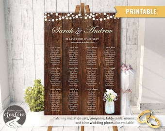 PRINTABLE Personalized Barnboard Mason Jar Rustic Wedding SEATING CHART Seating Plan Poster Sign Wood Lights Mason Jar Flowers, Digital File
