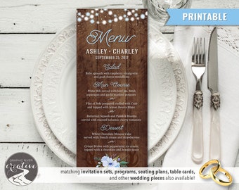 PRINTABLE Personalized Barnboard Floral Antler Wedding Dinner Menu, Rustic Farmhouse Reception Meal Menu, Watercolor Bouquet, Digital File