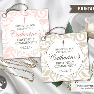 IMPRIMÍVEL Etiqueta personalizada de agradecimento de primeira comunhão, damasco floral de primeira comunhão, obrigado, menino, menina, ouro rosa, arquivo digital
