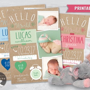 PRINTABLE Hello World Birth Announcement, Welcome Baby, Kraft Paper Baby Announcement, Introducing Baby Photo, It’s a Boy Girl, Digital File