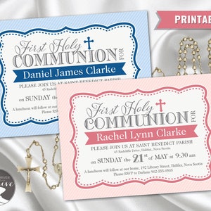 PRINTABLE Personalized Pinstripe First Communion Invitation, Modern First Holy Communion Invite, Boy, Girl, Pink, Blue, Cross, Digital File image 1