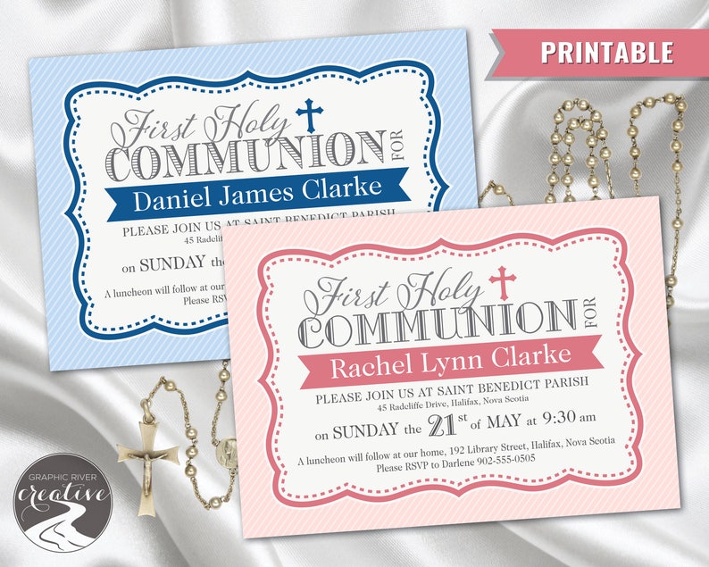 PRINTABLE Personalized Pinstripe First Communion Invitation, Modern First Holy Communion Invite, Boy, Girl, Pink, Blue, Cross, Digital File image 1