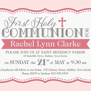 PRINTABLE Personalized Pinstripe First Communion Invitation, Modern First Holy Communion Invite, Boy, Girl, Pink, Blue, Cross, Digital File image 3