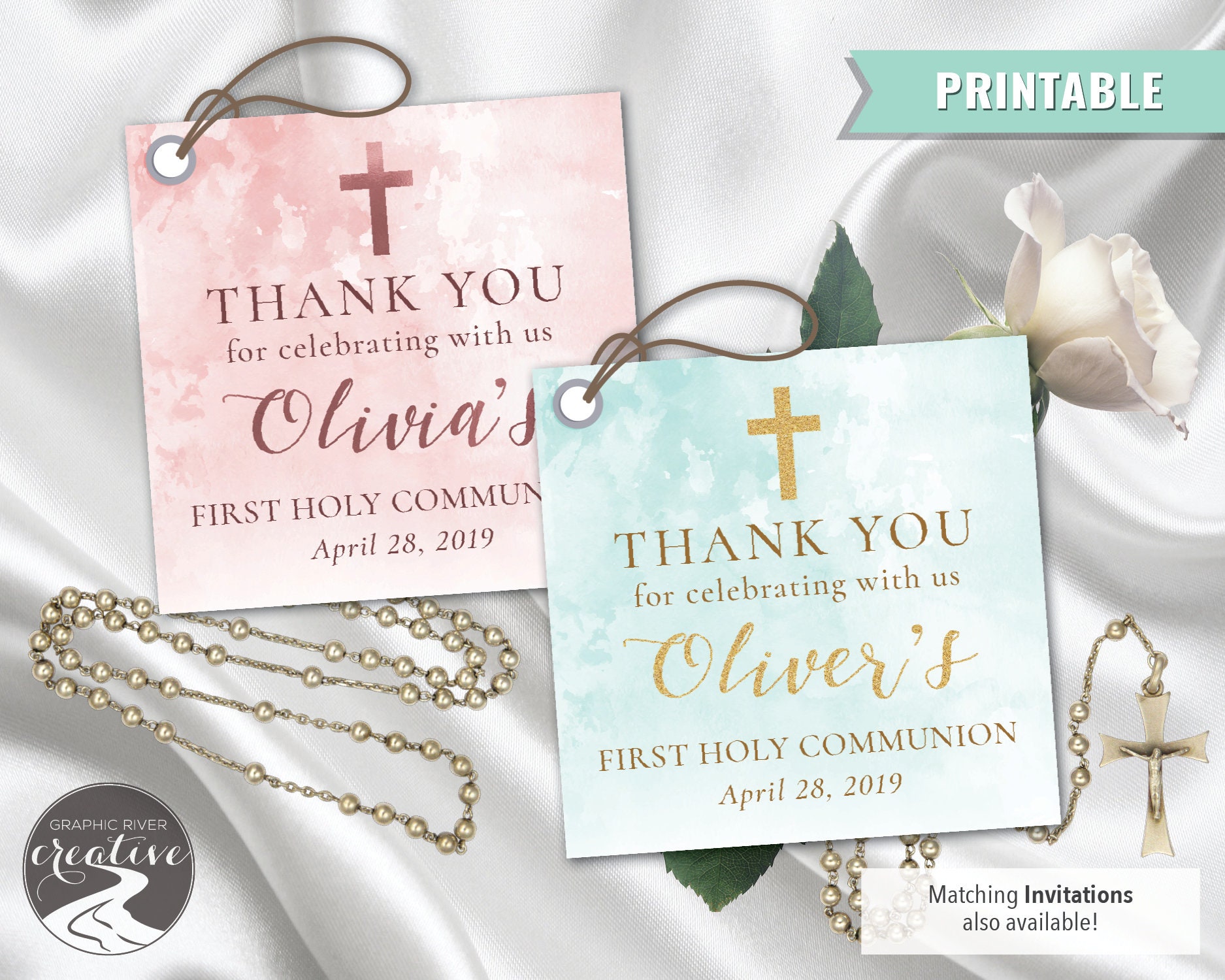 PRINTABLE Personalized Thank You First Communion Watercolor Etsy
