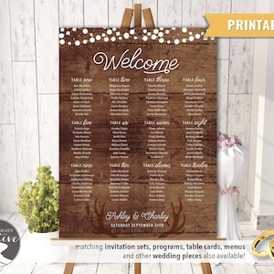 PRINTABLE Personalized Barnboard Antler String Lights Rustic Wedding SEATING CHART Seating Plan Poster Sign, Antlers Deer Wood, Digital File