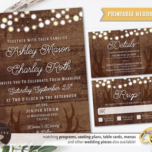 PRINTABLE Personalized Barnboard Antler String Lights Rustic Wedding Invitation Set, RSVP, Suite, Farmhouse, Wood, Antlers, Digital File