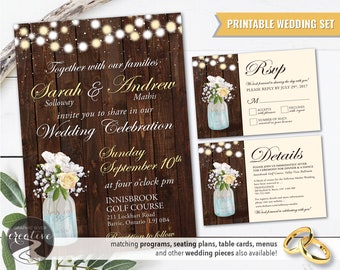 Rustic Farmhouse Wedding Invitation Set, Barnboard Wood, Mason Jar (Digital File)