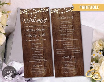 PRINTABLE Personalized Barnboard Wood Antler String Lights Rustic Wedding Program Set, Farmhouse Wood Antlers Ceremony Program, Digital File