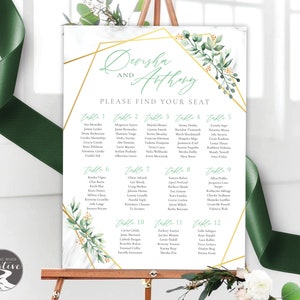 PRINTABLE Personnalisation verdure Nuancier Plan de table Affiche Affiche Eucalyptus Boho Aquarelle Or Géométrique Botanique Mariage