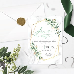 IMPRIMABLE Verdure Personnalisée Mariage Save the Date Carte Eucalyptus Boho Aquarelle Or Géométrique Botanique Save the Date Carte postale