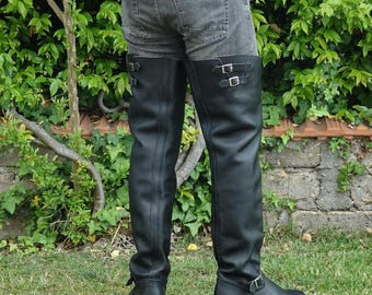 Men’s Very Tall Biker Boots Black Leather, Motorcycle Riding Boots, Heavy Cowhide Knee High Style, Size 44 EU