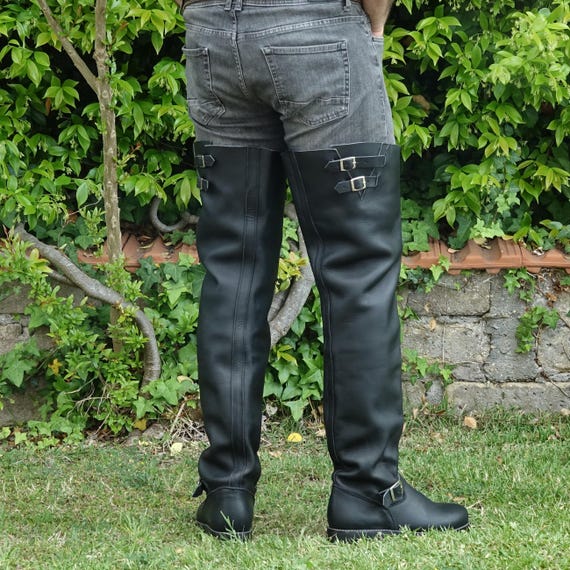 Men’s Very Tall Biker Boots Black Leather, Motorcycle Riding Boots, Heavy Cowhide Knee High Style, Size 44 EU