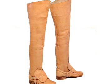Extra Tall Musketeer Boots Men Camel Brown Leather Cavalier Pirate Knee High Riding Boots Size 43 EU 10 US