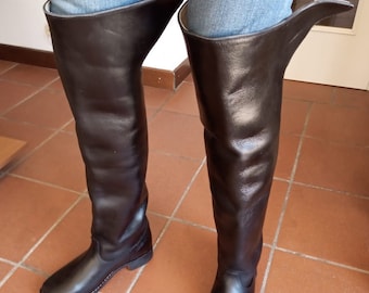 Very Tall Dragoon Boots 41 EU 8-8.5 US Black Leather Musketeer Pirate LARP Cavalry Knee High Men Riding Boots