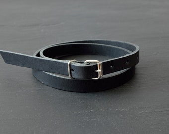 Slim Black Leather Belt: Handmade Women's Vegetable-Tanned Cowhide
