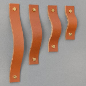 May include: Four brown leather cabinet pulls with a curved design and brass screws.