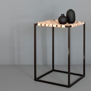 Woven Leather Side Table: Scandinavian Steel Frame, Lade Table