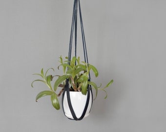 Navy Blue Leather Hanging Planter / Lade #5 / Navy Blue Leather Indoor Ceiling Plant Hanger