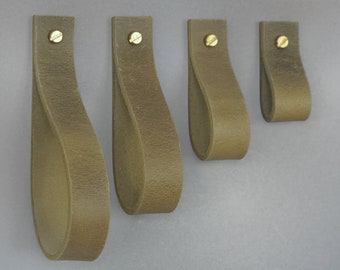 Olive Green Leather Cabinet Pull: Handmade Furniture Handle