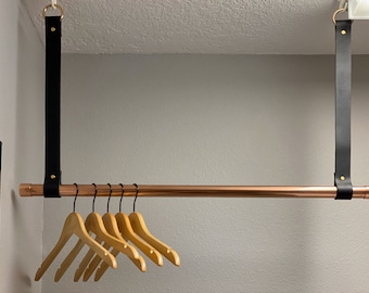 Black Leather Clothing Rod Holder: Ceiling Mounted Rack Straps, Set of 2